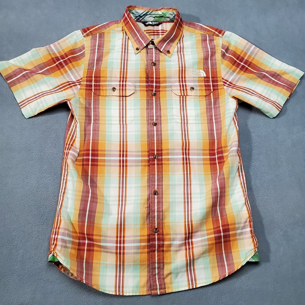 The North Face Shirt Mens Small Orange Plaid Short Sleeve Logo Button-Down